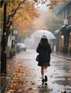 秋天雨后街头美女撑伞背影图片